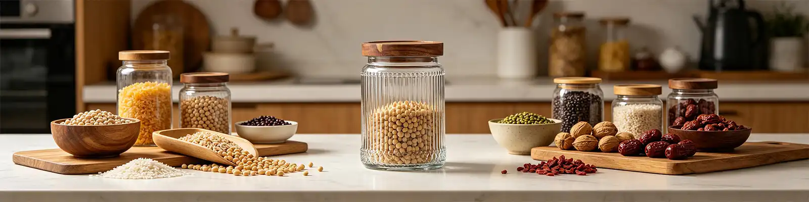 ribbed glass jar with wooden lid ribbed glass jar with wooden lid