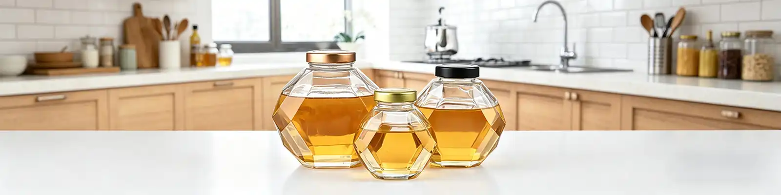 hexagonal glass honey bottle