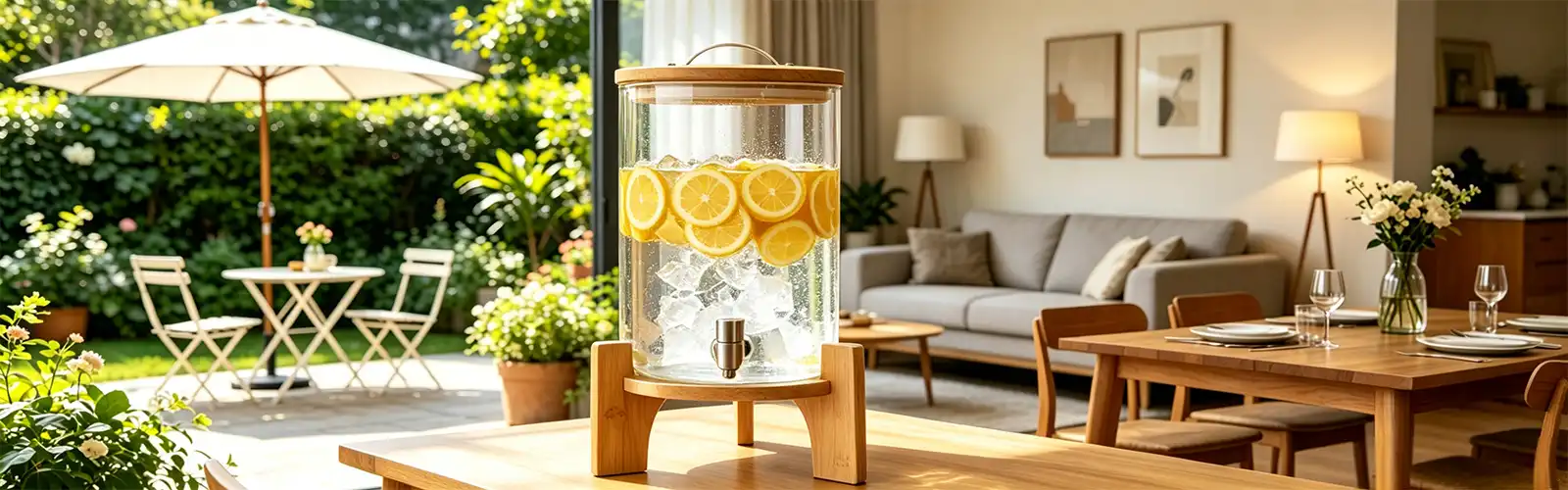 glass beverage dispenser with wooden stand