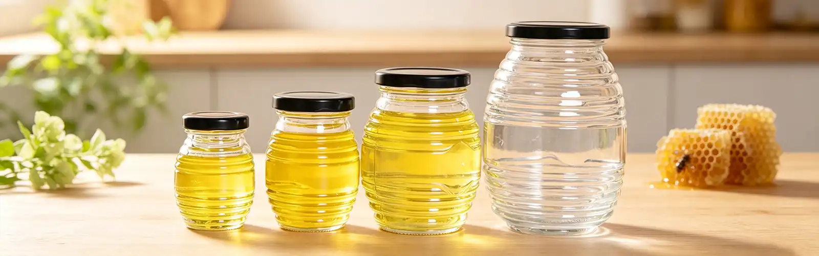honeycomb shaped glass honey bottle