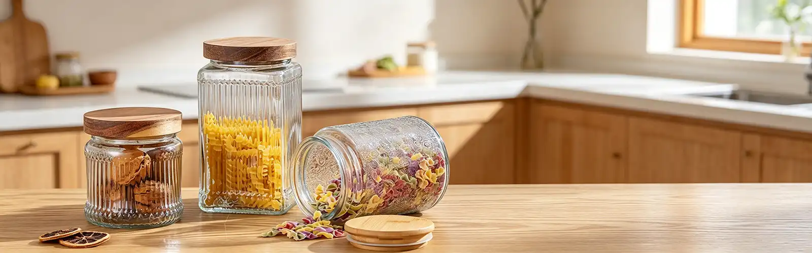 Striped glass jar with wooden lid