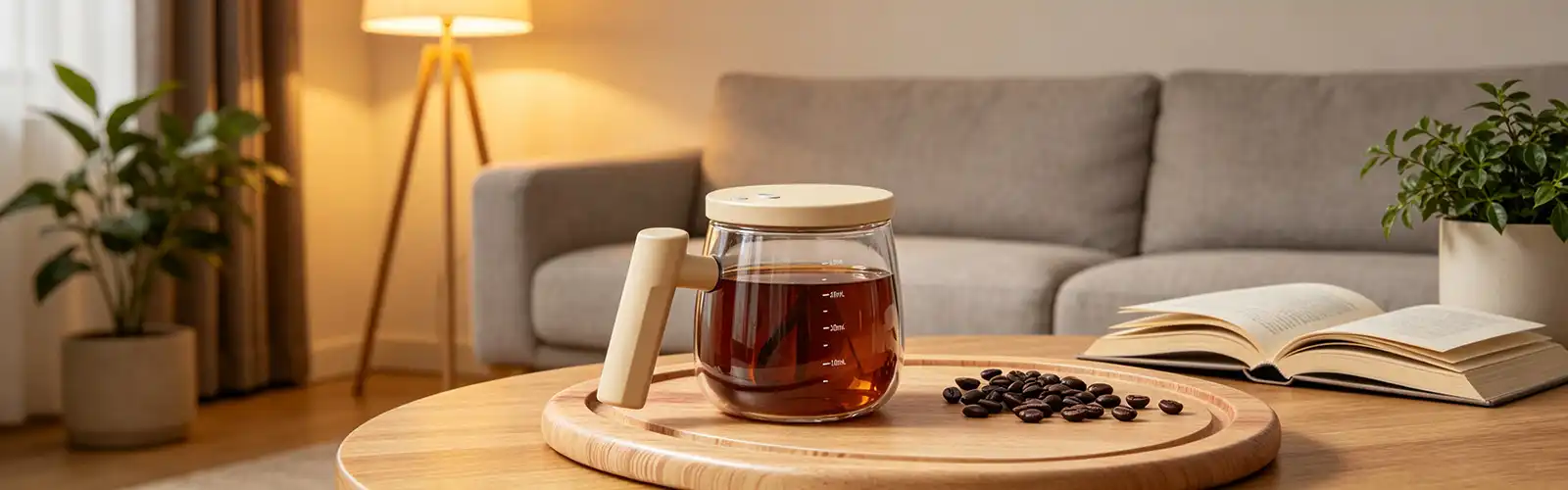 Self-stirring clear glass coffee cup