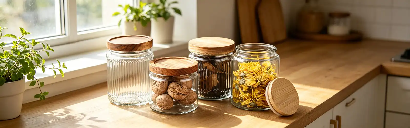 Ribbed glass jar with wooden lid