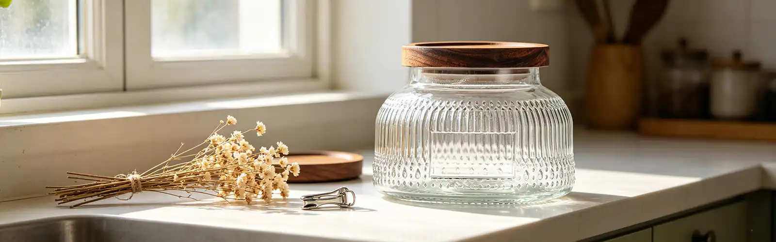 Embossed glass storage jar