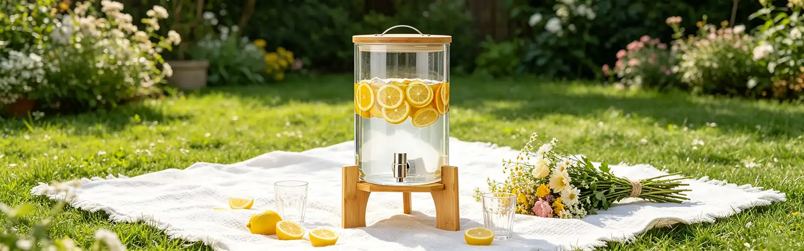 Glass beverage dispenser with wooden stand Glass beverage dispenser with wooden stand