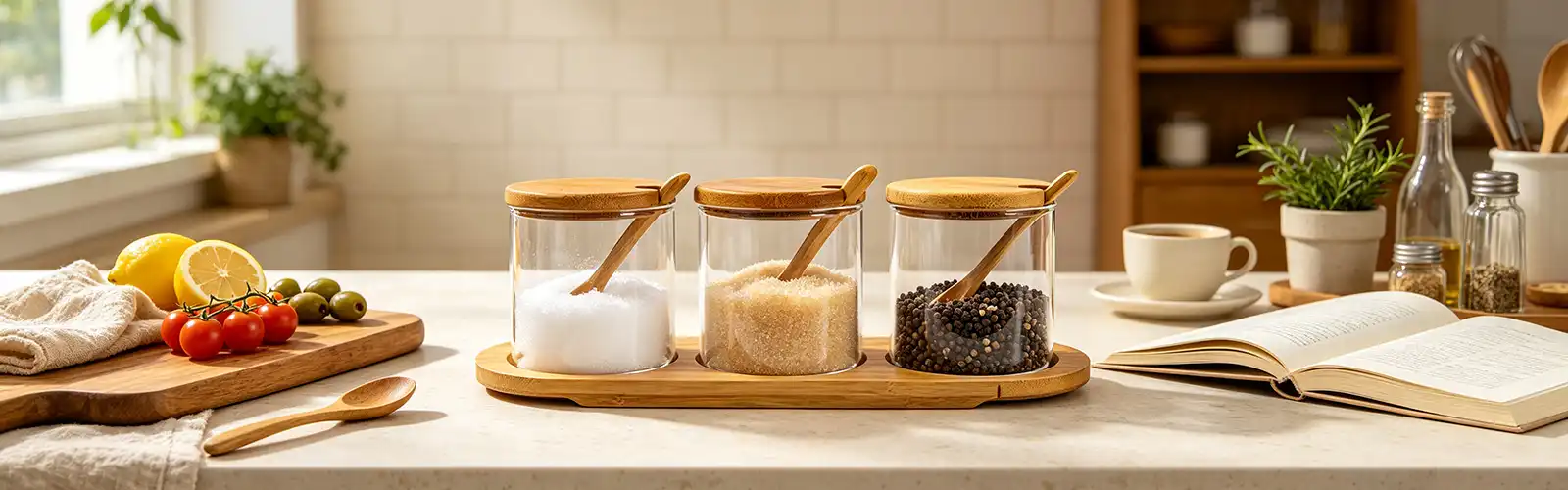 Bamboo lid seasoning jar with spoon