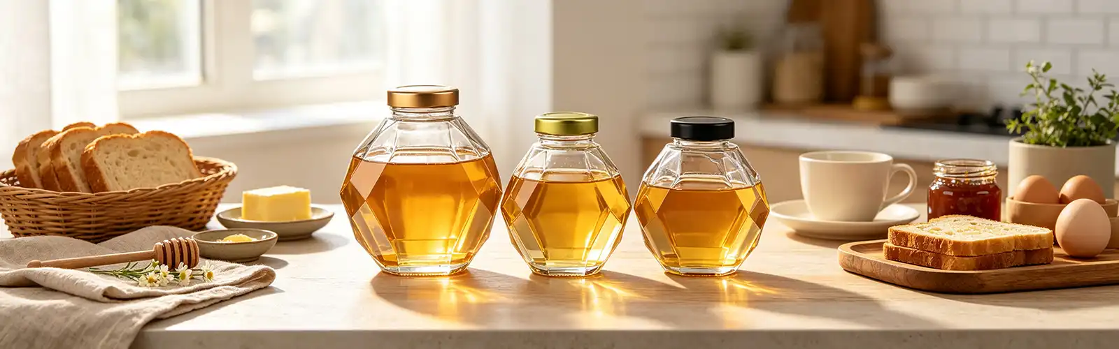 Hexagonal glass honey bottle