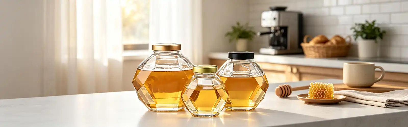Hexagonal glass honey bottle Hexagonal glass honey bottle