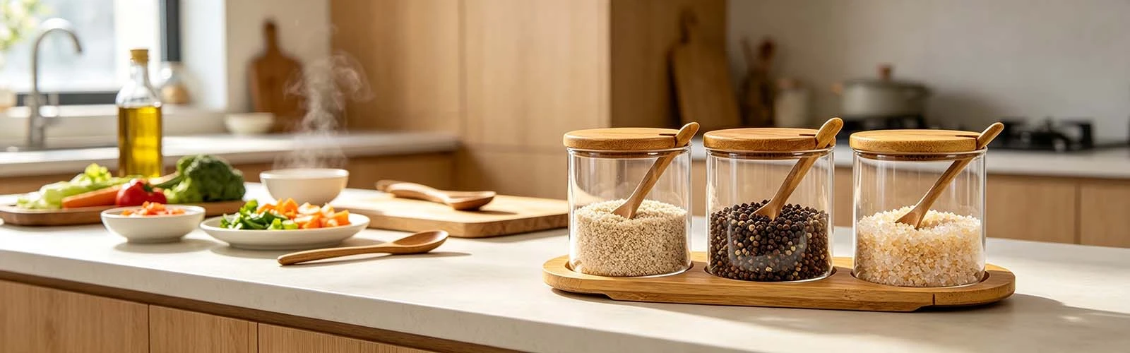 Bamboo lid seasoning jar with spoon