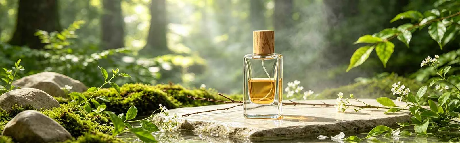 Perfume bottle with wooden cover