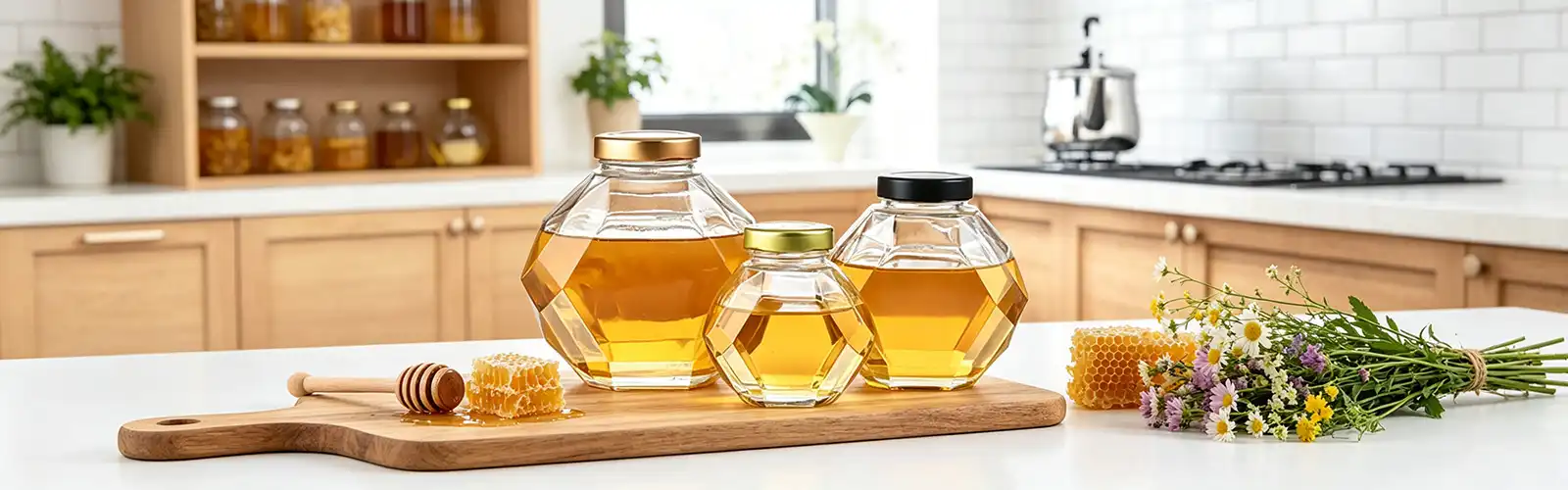 Hexagonal glass honey bottle